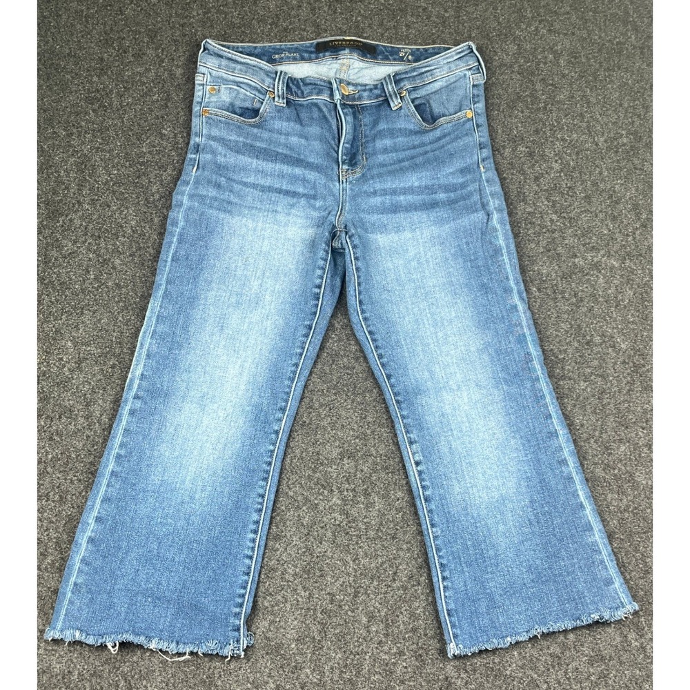 Liverpool Los Angeles The Crop Flare Jeans Petite 29/8 Blue Raw Hem Medium Wash